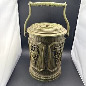Avocado Green Vintage Faux Wood Ice Bucket Grapes Wine Cellar Barware 1970s